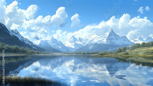 81. A tranquil mountain lake reflecting the surrounding peaks and sky