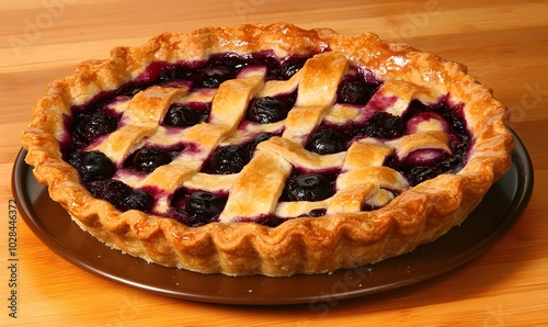 Blueberry pie placed on a wooden surface with a brown plate, Generative AI 