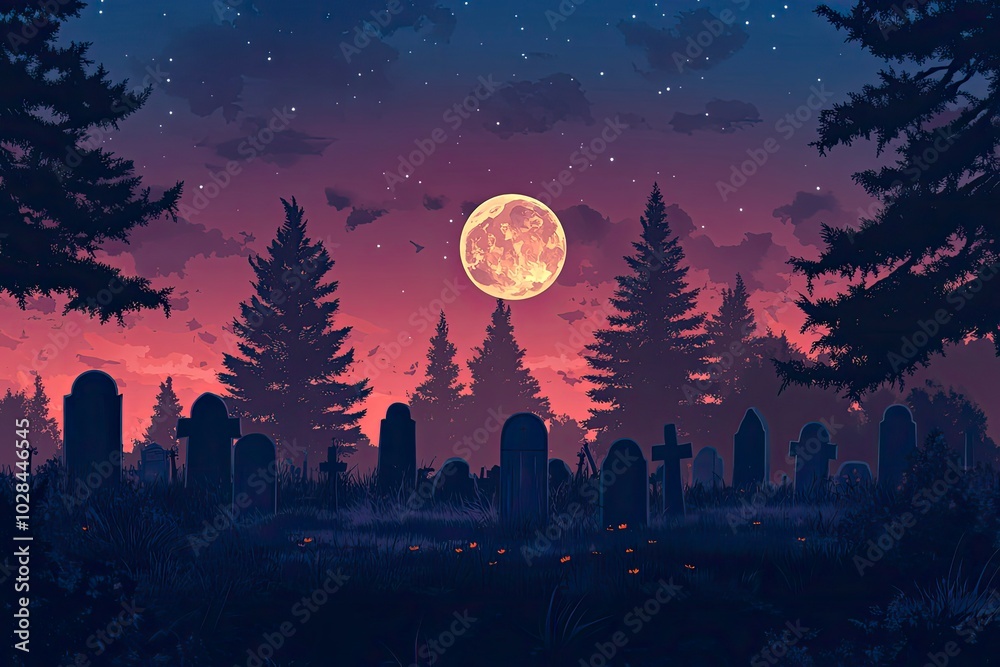 Naklejka premium halloween cemetery in front of woodlands with full moon with generative ai