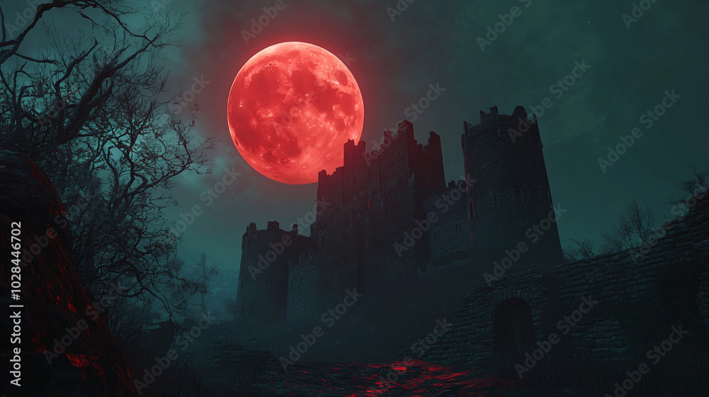 A blood-red moon rises over an ancient castle, casting eerie shadows on the ground. A blood-red moon rises over an ancient castle, casting eerie shadows on the ground.