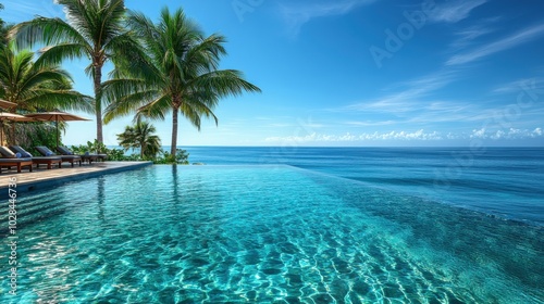 A high-end resort infinity pool overlooking a tropical ocean, with clear blue water, cabanas in the distance, and palm trees swaying in the breeze, creating a serene and luxurious setting with copy