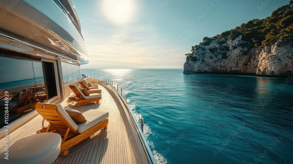 Fototapeta premium A luxury yacht cruising through crystal-clear waters, the sun reflecting off the water surface, with an expansive deck furnished with chic lounge chairs, offering an idyllic travel experience and