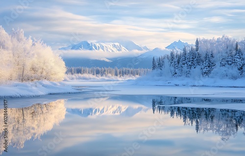 A serene winter landscape in Alaska, with snow-covered mountains