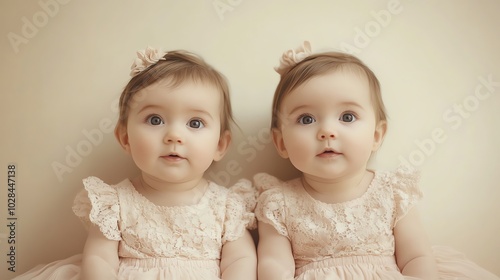 Two baby girls in matching dresses are sitting side-by-side, looking at the camera.