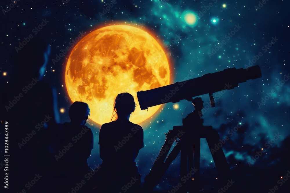 Naklejka premium Silhouetted group watching glowing moon through telescope, starry night close up, focus on, copy space vibrant night sky, Double exposure silhouette with astronomy and wonder