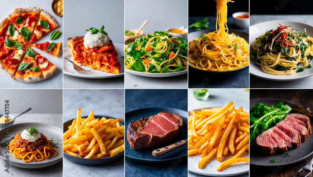 collage of different delicious food, spaghetti, pizza, vegetables, meat collage of different delicious food, spaghetti, pizza, vegetables, meat