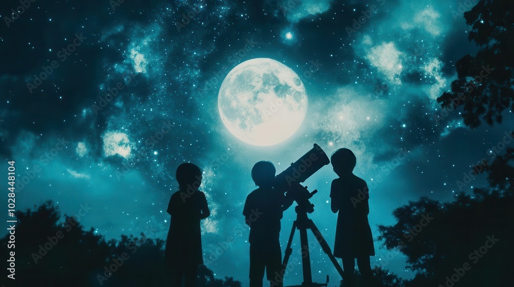 Obraz premium Silhouettes of three figures looking at bright moon through telescope