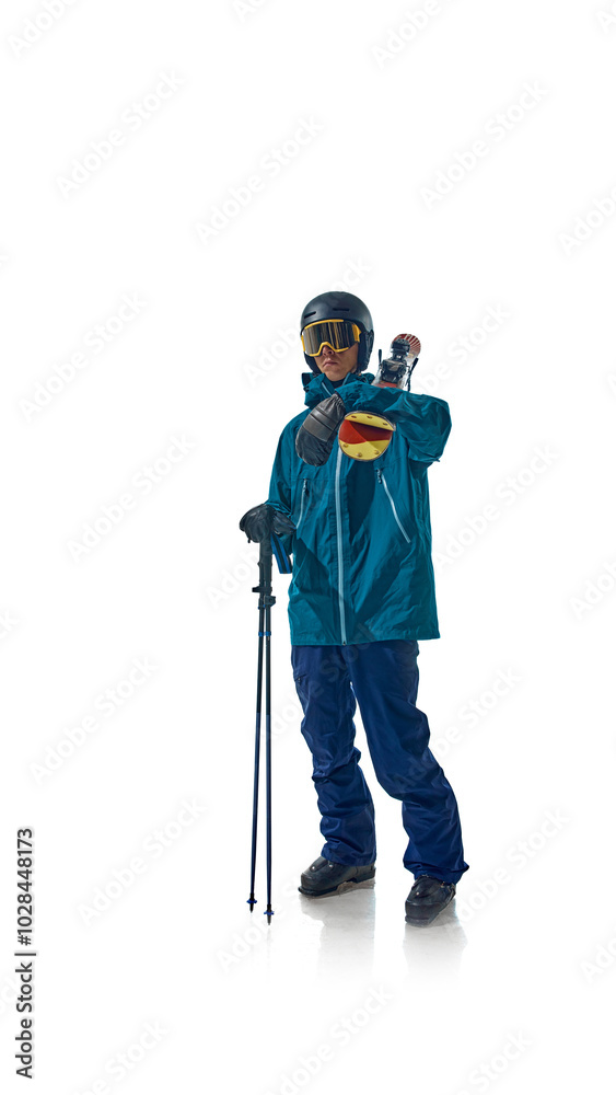 Skier dressed in teal gear stands confidently with his ski poles, ready for action against white studio background. Concept of extreme winter sports, vacation, holidays, speed, recreation. Ad Skier dressed in teal gear stands confidently with his ski poles, ready for action against white studio background. Concept of extreme winter sports, vacation, holidays, speed, recreation. Ad