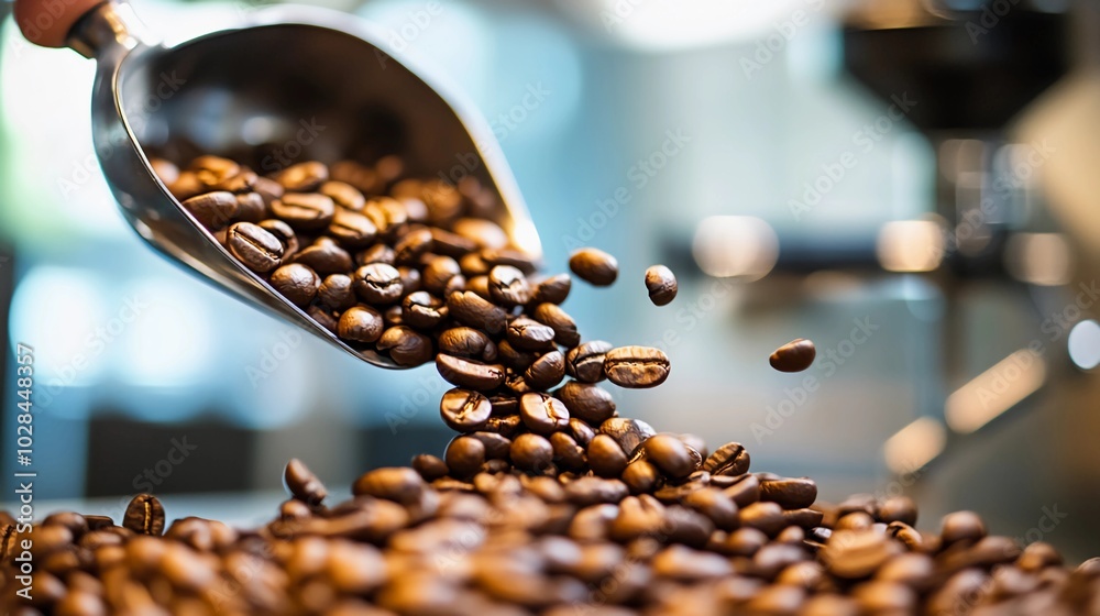 Close-up of coffee beans in motion, dynamic shot of coffee beans mid-air as they're poured from a scoop Close-up of coffee beans in motion, dynamic shot of coffee beans mid-air as they're poured from a scoop