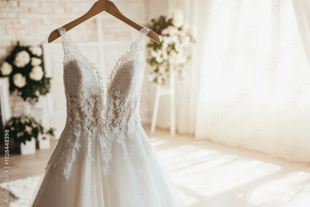 A flowing wedding dress hanging gracefully A flowing wedding dress hanging gracefully