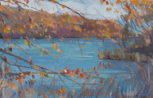 Wallpaper Mural Autumn landscape lake gouache painting. Beautiful calm pastel autumn landscape. The author's illustration is handmade. Modern art realism in painting. Layout for the design of notebooks, postcards Torontodigital.ca