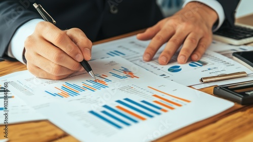Businessman analyzing financial data with a pen on a graph