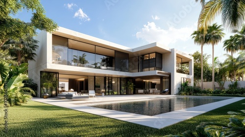 A contemporary villa exterior with a minimalist design, surrounded by lush palms and manicured lawns