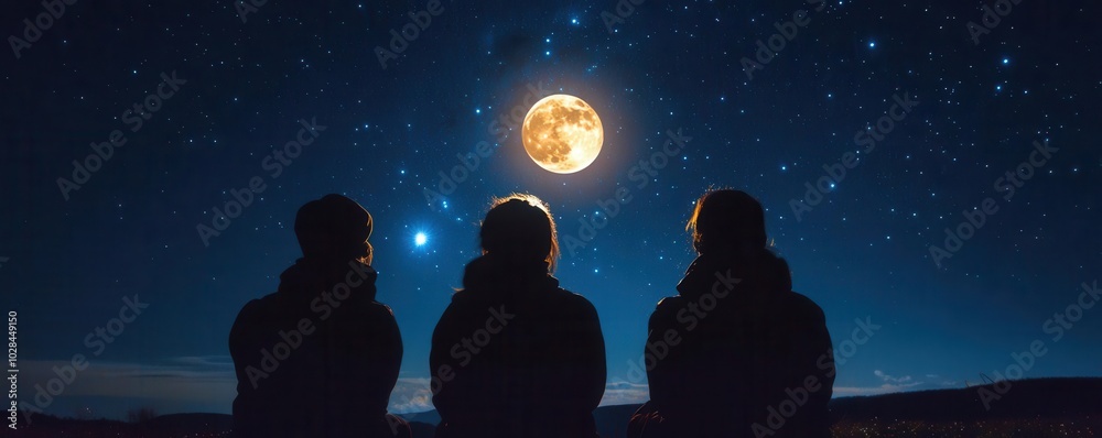 Three figures silhouetted against night sky, gazing at glowing moon close up, focus on, copy space bright stars and moon, Double exposure silhouette with astronomical theme Three figures silhouetted against night sky, gazing at glowing moon close up, focus on, copy space bright stars and moon, Double exposure silhouette with astronomical theme