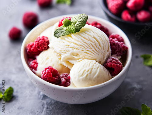 Coppa di gelato con palline alla vaniglia e lamponi, foglie di menta, ingredienti sfocati sul piano del tavolo grigio, profondità di campo ridotta photo