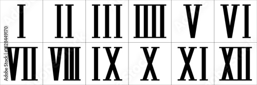 1〜12のローマ数字。シンプルなモノクロ文字素材。