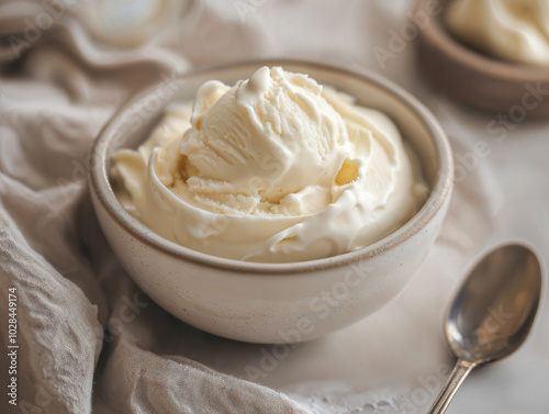 Coppa di gelato alla mandorla e vaniglia con pallina e granella, cucchiaino e tovagliolo sfocati sul piano del tavolo grigio chiaro, profondità di campo ridotta