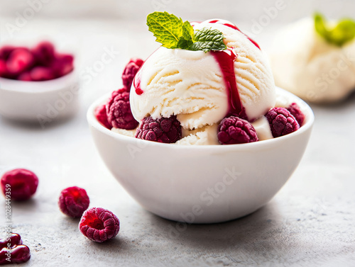 Coppa di gelato con palline alla vaniglia e lamponi e topping, foglia di menta, ingredienti sfocati sul piano del tavolo grigio chiaro, profondità di campo ridotta photo