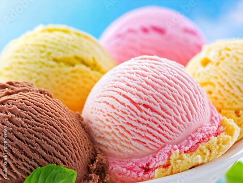 Texture di varie palline di gelato alla frutta colorate in vaschetta al cioccolato, limone, fragola, mango