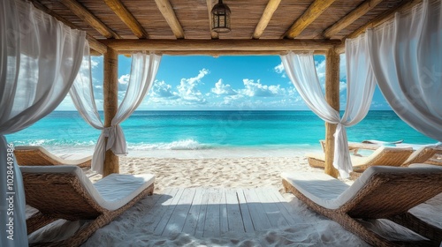 A high-end private beach cabana with soft white curtains blowing in the breeze, comfortable lounge chairs, and a serene view of turquoise waters, providing a tranquil and luxurious environment with