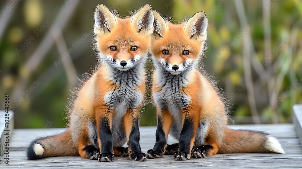 Pair of Young Red Fox Kits Sitting on Wooden Surface
