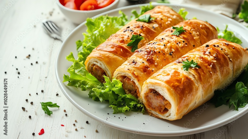 A close-up of three sausage rolls on a plate, garnished with lettuce and parsley. A close-up of three sausage rolls on a plate, garnished with lettuce and parsley.