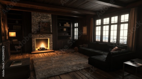 A living room with a black couch and a fireplace