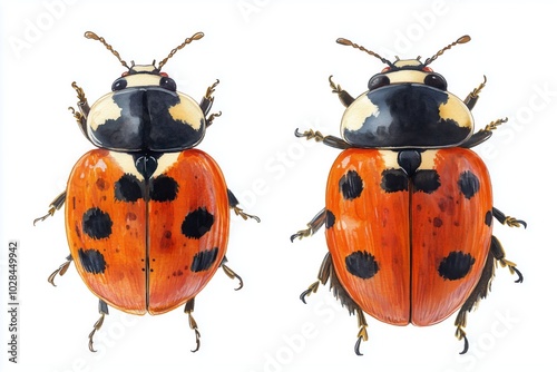 Watercolor painting realistic set ladybug on white background. Clipping path included. 