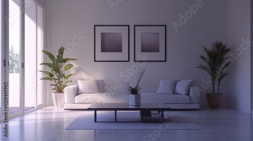 A minimalist living room with a clean, organized layout. The room features a comfortable sofa, a sleek coffee table, and a few decorative elements like a potted plant and a framed picture. The walls