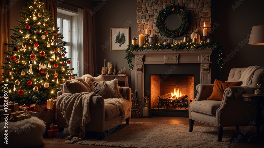 A warm and inviting living room features a beautifully decorated Christmas tree and a glowing fireplace, creating a cozy holiday atmosphere perfect for celebrations. A warm and inviting living room features a beautifully decorated Christmas tree and a glowing fireplace, creating a cozy holiday atmosphere perfect for celebrations.