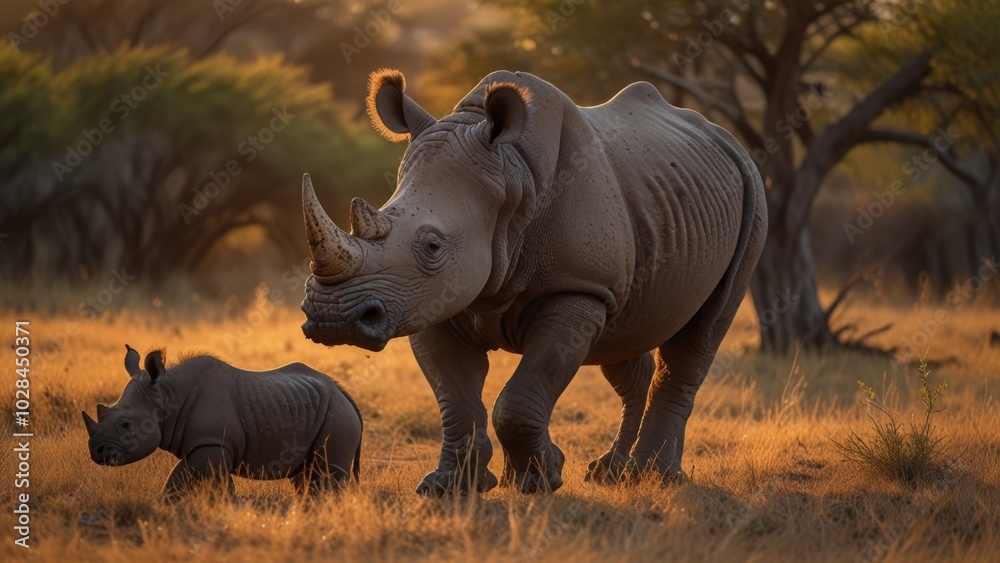 Obraz premium Two majestic rhinos peacefully graze in the stunning African savanna under a golden sunset, surrounded by the beauty of nature and wildlife.