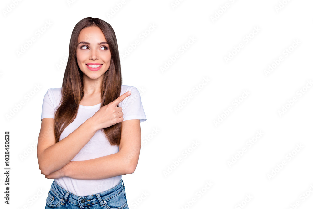 Portrait of cute person looking showing ads on copy space wearing white t-shirt denim isolated over blue background Portrait of cute person looking showing ads on copy space wearing white t-shirt denim isolated over blue background