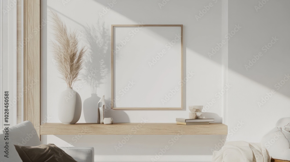 A modern living room with a white wall and a wooden shelf. There is a square empty mock-up poster frame on the shelf. A modern living room with a white wall and a wooden shelf. There is a square empty mock-up poster frame on the shelf.