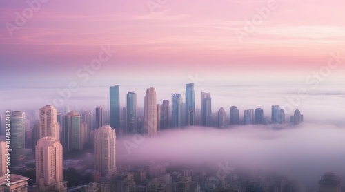 A misty sunrise scene over an urban landscape, photo