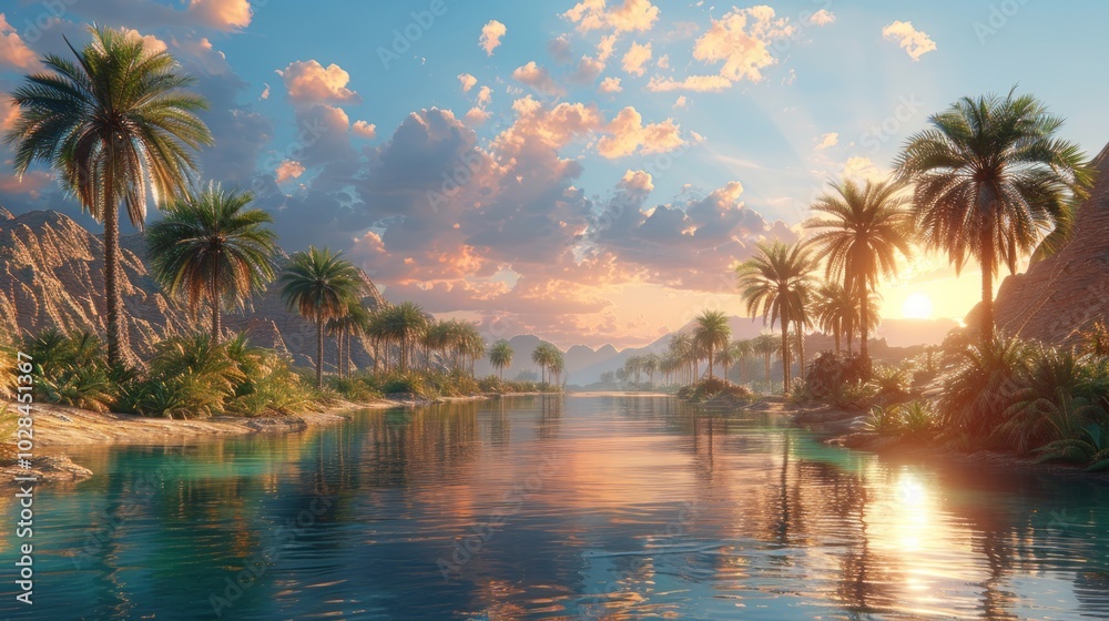Sunset Oasis with Palm Trees and a Tranquil River Sunset Oasis with Palm Trees and a Tranquil River