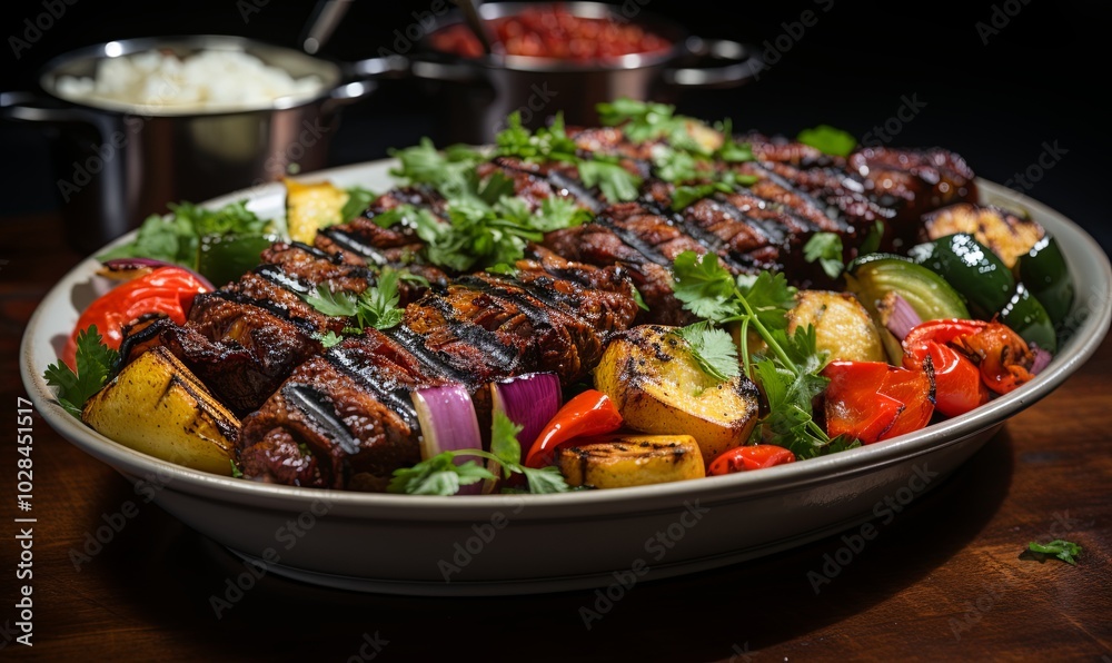 Beef Kebabs With Grilled Vegetables on Table Beef Kebabs With Grilled Vegetables on Table