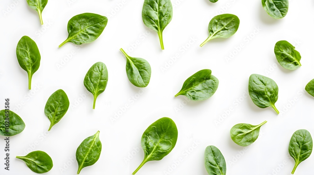 Fresh green healthy spinach on white background, top view. Fresh green healthy spinach on white background, top view.