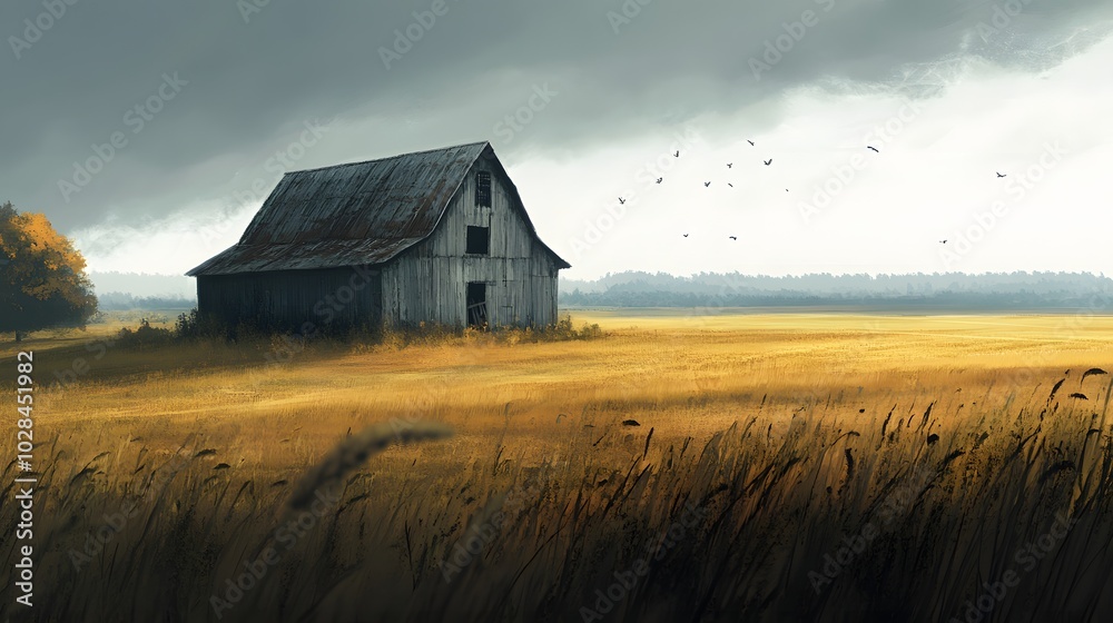 60. An abandoned barn in a vast field, surrounded by tall grass 60. An abandoned barn in a vast field, surrounded by tall grass