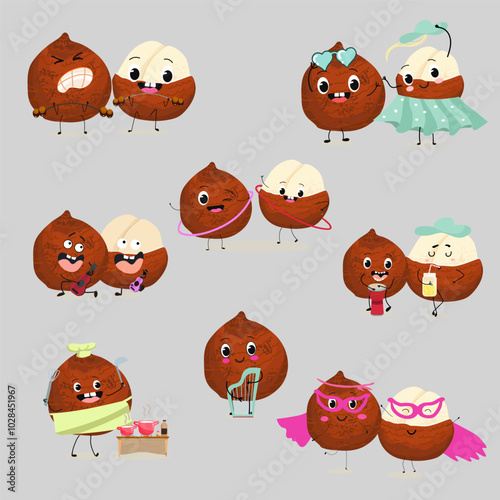 Cute  snake fruit, sala, rakum, salak characters, funny fruits, activities, leisure. Hand drawn vector illustration. Organic food, healthy, for kids menu, flyer, advertisement, wrap, label, invitation
