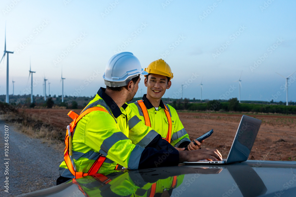 Diverse ethnicity male technicians working in the wind turbines field. Diverse ethnicity male technicians working in the wind turbines field.