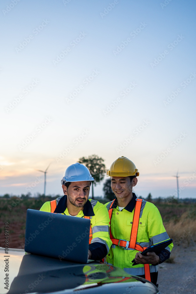 Diverse ethnicity male technicians working in the wind turbines field. Diverse ethnicity male technicians working in the wind turbines field.