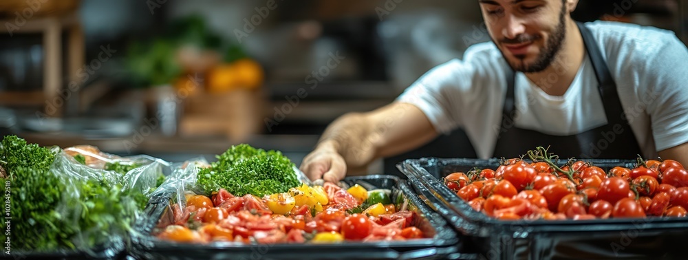 Man Arranging Fresh Produce in a Grocery Store
