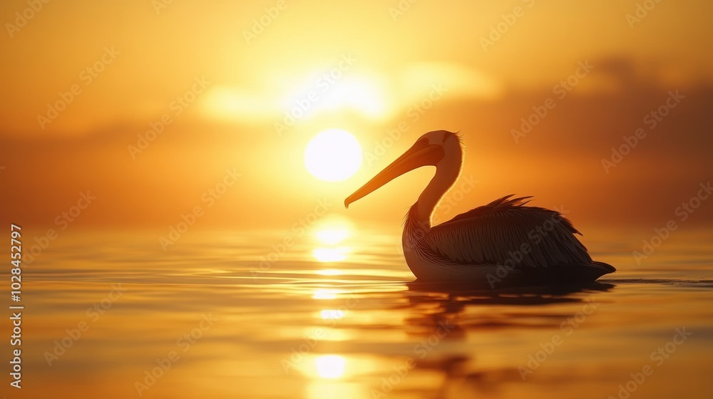 Fototapeta premium Pelican Silhouette at Sunset Over Water