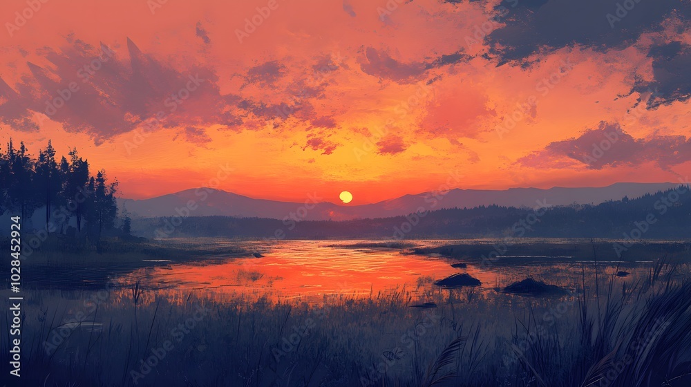 62. A peaceful sunset over an empty countryside, with warm colors spreading across the sky 62. A peaceful sunset over an empty countryside, with warm colors spreading across the sky