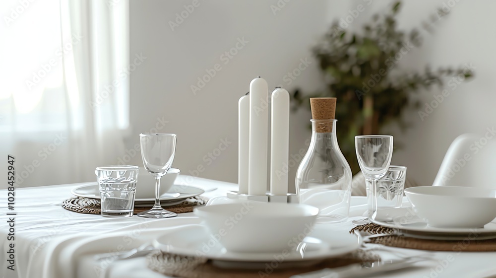 A simple table setting with white dishes, glasses, a carafe and candles. A simple table setting with white dishes, glasses, a carafe and candles.
