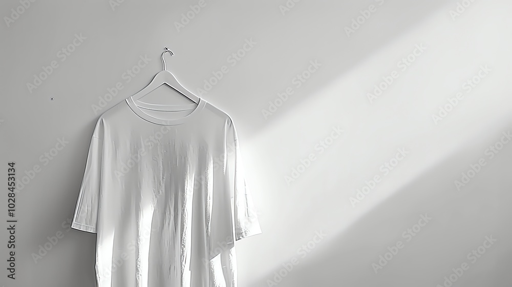 A plain white t-shirt hanging on a white hanger against a white wall. A plain white t-shirt hanging on a white hanger against a white wall.