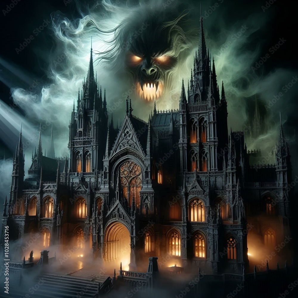 Fototapeta premium a horror castle with terrifying vampire face