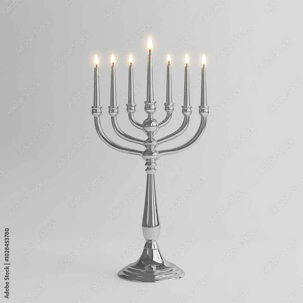 Silver menorah with lit candles on a light background Silver menorah with lit candles on a light background