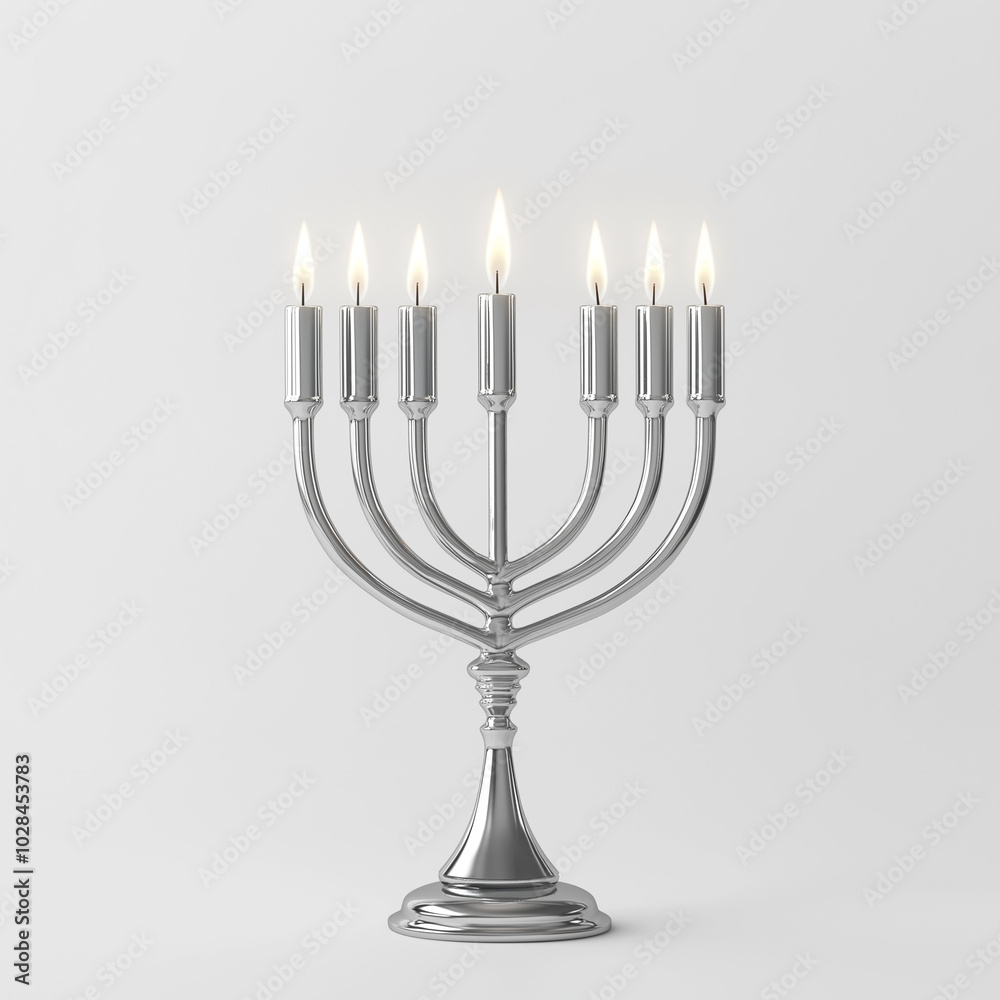 Fototapeta premium Silver menorah with lit candles on a light background