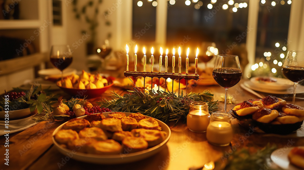 Hanukkah dinner table with festive food, lit menorah, and candlelight